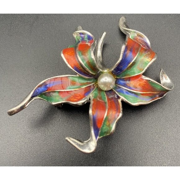 Vtg Brooch Marbled Red Blue Green Multicolor Enamel Silver Tone Flower 2.25" - Picture 3 of 7